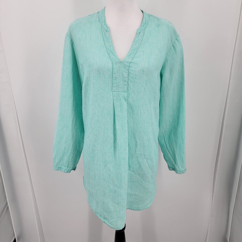 LL Bean Tunic Top Womens Large Linen Seafoam Green Long Sleeve V Neck Coastal